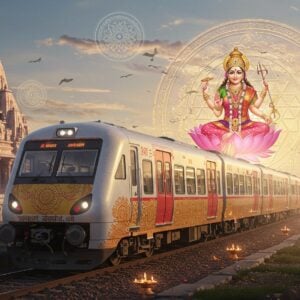 A modern sleek Indian train adorned with intricate Madhubani patterns in gold and maroon, emerging from a mystical portal shaped like a Sri Yantra. The train's exterior features delicate lotus motifs and peacock designs in metallic colors. Hovering above the train is a ethereal manifestation of Goddess Tripura Sundari in her traditional form - seated on a lotus throne, four-armed, holding a noose, goad, sugarcane bow, and flower arrows, wearing a pink silk saree with gold border. The background shows a surreal landscape merging modern railway infrastructure with ancient temple architecture, with floating mandalas and sacred geometry patterns in soft pastel blues and pinks. Glowing diyas and flower petals float around the scene. The lighting is dreamlike with golden hour warmth, creating lens flares and spiritual aura. The scene is rendered in a style mixing hyperrealistic digital art with traditional Indian art elements, emphasizing both technological advancement and timeless spirituality.