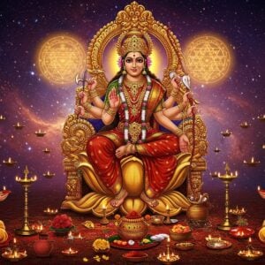 A majestic portrayal of Goddess Tripura Sundari seated on a golden lotus throne against a cosmic background with swirling galaxies in deep purples and crimsons. She has four arms, her upper right hand holds a sugarcane bow, upper left hand holds flower arrows, lower right hand shows varada mudra, and lower left hand holds a red lotus. She wears a rich crimson silk saree with intricate golden zari work, adorned with elaborate temple jewelry including a crown studded with rubies and diamonds. Her face is serene with almond-shaped eyes, decorated with a red bindi and traditional shringar. Around her, three concentric yantra patterns float in golden light, representing the three worlds. In the foreground, devotees perform puja with traditional brass lamps, fresh flowers, and kumkum. The scene is illuminated by dozens of floating diyas creating a warm, ethereal glow. The art style combines traditional Madhubani patterns in the border details with modern digital rendering, featuring a rich color palette of deep reds, saffron, gold, and peacock blue. Soft particle effects and lens flares add a contemporary mystical touch.