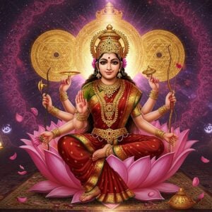 A mesmerizing portrait of Goddess Tripura Sundari seated on a golden lotus throne, adorned in a deep red silk saree with gold embroidery. She has four arms - her upper right hand holds a noose, upper left holds a goad, lower right shows the gesture of blessing, and lower left holds a sugarcane bow and flower arrows. Her divine form emanates a soft, rosy glow against a cosmic background featuring three interlocking golden Sri Yantras. She wears elaborate gold jewelry studded with rubies, and a crescent moon adorns her crown. Her face is serene with almond-shaped eyes and a gentle smile. The scene is surrounded by floating lotus petals and swirling energy patterns in shades of pink and gold. Ethereal light rays emerge from the Sri Yantras, creating a mystical atmosphere. The art style combines traditional Tantric art elements with modern digital aesthetics, featuring rich colors like deep crimson, royal gold, and cosmic purple. Small details include sacred symbols like bindu dots and geometric patterns floating in the aura around her.