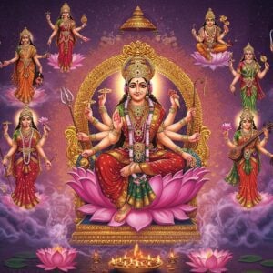 A majestic celestial scene depicting Goddess Tripura Sundari seated on a golden lotus throne at the center, radiating divine pink and golden aura. She has four arms holding noose, goad, bow, and arrow, wearing a crimson silk saree with gold embellishments, adorned with precious jewels and a crown studded with nine gems. Surrounding her in a circular mandala formation are the other nine Mahavidyas: Kali (dark-skinned with four arms, holding sword and severed head), Tara (blue-complexioned in dynamic pose), Bhuvaneswari (golden-complexioned with four arms blessing pose), Bhairavi (fierce red complexion), Chinnamasta (holding her own severed head), Dhumavati (elderly widow in gray), Bagalamukhi (yellow-complexioned with crane-like features), Matangi (emerald-green wielding veena), and Kamalatmika (lotus-seated with four arms). The background features intricate Madhubani-style patterns with Sri Yantra geometric designs in gold. Mystical smoke in deep purple and blue swirls around them. Multiple lotus flowers in various stages of bloom float ethereally. The scene is illuminated by divine light streams in pink and gold. Art style should blend traditional Indian temple art with modern digital fantasy aesthetics, maintaining religious accuracy while appearing contemporary and mystical.