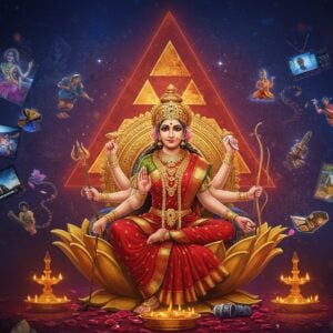 A radiant, ethereal depiction of Goddess Tripura Sundari seated on a golden lotus throne, wearing a resplendent red silk saree with gold border. Her four arms hold symbolic items - a noose, a goad, sugarcane bow, and flower arrows. Her face is serene with almond-shaped eyes, adorned with a crescent moon on her forehead. Behind her, a large ornate mandala composed of three interlocking triangles glows in shades of deep crimson and gold. Modern entertainment elements float ethereally around her - snippets of dance performances, musical notes, and storytelling scrolls rendered in a contemporary digital art style. The background features a gradient from deep maroon to celestial blue, with subtle Madhubani-style patterns. Floating lotus petals and sparkles of divine light create a mystical atmosphere. Traditional Indian architectural elements frame the scene, while subtle television screens and film reels blend seamlessly into the spiritual imagery. The lighting is dramatic with a soft golden glow emanating from the goddess, highlighting her divine presence. Art style combines hyperrealism with traditional Indian art motifs, creating a bridge between ancient spirituality and modern media.