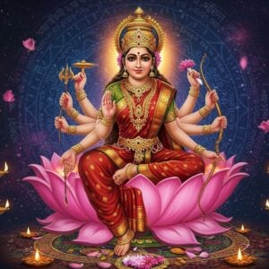 A majestic portrayal of Goddess Tripura Sundari seated on a golden lotus throne atop Sri Yantra, radiating divine pink and golden aura. She has four arms - her upper right hand holding a noose made of golden light, upper left hand holding a goad of flowers, lower right hand holding sugarcane bow, and lower left hand holding five flower arrows. She wears a rich crimson silk saree with intricate gold zari work, adorned with traditional temple jewelry including a large crown studded with rubies and diamonds. Her beautiful face shows divine serenity with large almond eyes, tilak on forehead, and gentle smile. The background features a cosmic mandala pattern in deep blues and purples with floating lotus petals and subtle Devanagari scripts. Three concentric circles of divine light - red, gold and white - emanate from her form. The scene incorporates elements of traditional Tantric art with modern digital aesthetics, detailed in hyperrealistic style but maintaining spiritual symbolism. Floating diyas with soft flames create a mystical atmosphere around her. The overall color palette focuses on deep reds, royal golds, and cosmic purples with streams of kundalini energy flowing through the composition.