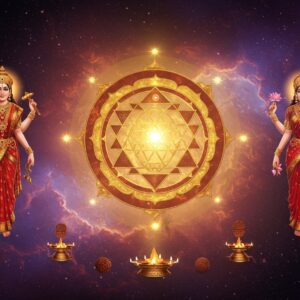 An intricate Sri Chakra yantra floating in ethereal space, rendered in gleaming gold and deep crimson lines against a cosmic backdrop with swirling nebulas in deep purples and blues. The yantra emanates a powerful golden light from its center bindu. Nine interlocking triangles create perfect geometric patterns, surrounded by eight-petaled and sixteen-petaled lotus flowers in detailed Madhubani style. Around the yantra, three translucent feminine silhouettes of Goddess Tripura Sundari appear in different poses - one holding a noose and goad, one with a bow and arrow, and one with a book and lotus, all adorned in flowing red silk sarees with gold embellishments. Scattered mystical symbols float around the composition - crystalline gems, sacred rudraksha beads, and small mandalas. The entire scene is bathed in a warm, divine glow with subtle sacred geometry patterns in the background. The art style combines hyperrealistic digital rendering with traditional Indian artistic elements, featuring a color palette of deep reds, molten golds, royal purples, and hints of pearl white.