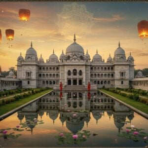 A majestic aerial view of Ujjayanta Palace in Agartala at golden hour, with its Indo-Saracenic architecture gleaming in soft sunlight. The white marble domes and ornate spires rise against a dreamy sky painted in deep saffron and peacock blue. Traditional Tripuri architectural motifs and patterns flow across the scene in luminous gold lines. The foreground features a reflecting pool with blooming lotus flowers in pastel pink and white, creating perfect mirror reflections of the palace. Intricate Madhubani-style borders frame the scene, incorporating traditional Tripuri tribal art elements and royal emblems. Two traditionally dressed Tripuri royal guards in their ceremonial attire stand at the grand entrance. The scene is enhanced with ethereal floating lanterns, their warm light casting a magical glow. Detailed geometric patterns inspired by local textiles weave through the composition. The atmosphere combines regal grandeur with mystical elements, featuring subtle translucent layers of spiritual symbols and mandalas. Style: photorealistic digital art with magical realism, deep rich colors, high contrast, cinematic lighting, golden hour glow, 8k resolution