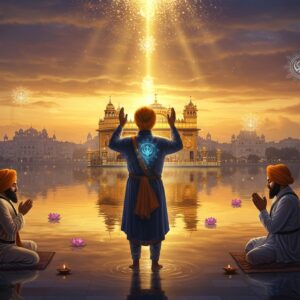 A serene scene showing three Sikh individuals in different prayer positions performing Ardas, illuminated by golden divine light streaming from above. The central figure stands with folded hands raised high, wearing a traditional midnight blue chola and saffron turban. Two figures kneel on either side with hands folded in prayer. Behind them rises the majestic Golden Temple reflected in the sarovar, with intricate Gurmukhi patterns floating ethereally in the air. The water surface creates mirror-like reflections with floating lotus flowers and diyas. Soft clouds in sunset hues of orange and purple frame the scene. The art style combines photorealistic details with magical realism, featuring glowing mandalas and cosmic patterns in gold and azure. The lighting is warm and spiritual, with lens flares and bokeh effects. The overall composition emphasizes devotion, peace and connection to the divine. The scene includes subtle details like the Nishan Sahib flag and geometric Sikh architectural elements in the background.