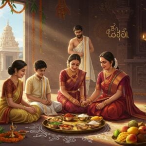A radiant Indian family in traditional Telugu attire gathered around an ornate brass plate (naivedyam), with a grandmother in a rich maroon silk saree placing pachadi (6 taste mixture) in silver bowls. The scene features a beautifully decorated entrance with fresh mango leaves torana, intricate rangoli patterns in white and red, and blooming neem flowers. In the background, a modern, minimalist temple area with brass oil lamps casting a warm golden glow. The composition includes traditional Ugadi elements - new clothes, calendars, and fresh fruits (especially mangoes and bananas) arranged aesthetically. The lighting is soft and ethereal, with morning sunrays filtering through window creating a divine atmosphere. The art style combines traditional Andhra Pradesh folk art patterns with contemporary digital aesthetics, featuring rich colors like deep purple, saffron, and gold. Floating mandalas and auspicious symbols add a magical touch to the scene, while maintaining cultural authenticity. The emotional tone is joyful and celebratory, with subtle touches of devotion and family bonding.