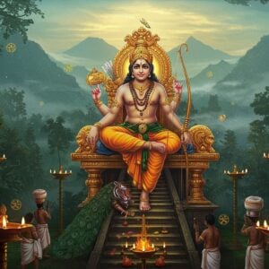 A majestic Lord Ayyappan seated in Padmasana on a golden throne atop the Sabarimala temple steps, depicted as a young celibate prince wearing a black dhoti with a golden waistband. He holds a jeweled bow in his right hand and arrows in his left, with a sacred rudraksha mala around his neck. The deity emanates a divine blue aura. Behind him, a photorealistic misty forest landscape with the Western Ghats mountains at dawn, illuminated by soft golden rays. In the foreground, detailed Malayalam-style ornate oil lamps with glowing flames. Multiple devotees in black attire carrying irumudi on their heads walking up the temple steps, their forms creating a flowing pattern. Mystical elements include floating sacred symbols, a translucent tiger spirit, and peacock feathers. The scene combines hyperrealistic digital art with traditional Kerala mural painting style, featuring rich colors of deep forest green, royal blue, black, and gold. Ethereal lighting creates a spiritual atmosphere with gentle lens flares and floating light particles.
