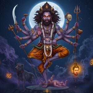 A majestic, fierce manifestation of Lord Bhairava in his cosmic dance pose against a deep midnight blue background illuminated by a crescent moon. He has eight arms, each holding signature weapons - a damaru (drum) in upper right, trishul (trident) in upper left, sword, shield, skull staff, noose, and a severed head dripping golden light. His body is adorned with serpents, a garland of skulls, and ash-smeared skin with a subtle blue undertone. His third eye glows with intense orange energy. He wears a tiger skin dhoti and is accompanied by his loyal dog companion at his feet. The background features intricate Tantric yantra patterns in gold and silver, floating sacred Sanskrit symbols, and swirling cosmic energies in deep purples and blues. Smoke and ethereal light emanate from his form, creating a mystical atmosphere. The art style combines traditional Tantric art with modern digital aesthetics, featuring rich textures, dramatic lighting, and metallic accents. The overall composition suggests raw power, divine protection, and transcendental wisdom.