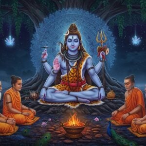Lord Shiva as Dakshinamurti seated in padmasana under a sacred banyan tree facing south, four arms, upper right hand holding damaru, upper left hand holding sacred texts, lower right hand in chinmudra, lower left hand holding jnana mudra, wearing tiger skin and rudraksha malas, crescent moon adorning his matted locks, serene expression with half-closed eyes in deep meditation, surrounded by four elderly sages (rishis) seated at his feet with devoted expressions, intricate mandala pattern behind him glowing in ethereal blue and gold, sacred fire in front casting warm light, banyan tree roots forming mystical patterns, floating crystals and sacred geometry elements in background, soft mist near the ground, peacock feather accents, scene illuminated by combination of moonlight and divine aura, artwork style merging traditional Thanjavur painting aesthetics with modern digital art, rich color palette of deep blues, gold, and earth tones, photo-realistic render with spiritual atmosphere