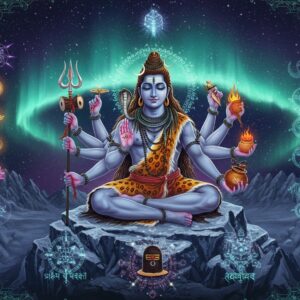 A majestic visualization of Lord Shiva as Ishana, seated in padmasana on a crystalline mountain peak, eight arms radiating outward like a cosmic mandala. In his hands holding traditional weapons - trishul (right), damaru (left), snake (upper right), deer (upper left), fire (middle right), lotus (middle left), akshamala (lower right), and kamandalu (lower left). His face serene with third eye prominent, crescent moon in matted hair, and the Ganga flowing. Modern holographic geometry patterns float around him, creating a bridge between ancient and future. The background shows a cosmic aurora in deep purples and teals, with sacred Sanskrit geometries subtly woven into the lights. Five elements represented through stylized modern icons - earth (crystal formations), water (flowing streams), fire (floating flames), air (swirling wind patterns), and space (star constellations). Artistic style merges traditional Thanjavur painting techniques with contemporary digital art, featuring metallic gold accents, deep indigos, and ethereal glows. The scene is framed by modern minimalist mandala patterns that subtly incorporate circuit board designs and digital elements. The overall composition creates a powerful balance between timeless divinity and future aesthetics, rendered in high detail digital art style.