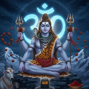 A majestic portrait of Lord Shiva in meditation pose, sitting cross-legged on Mount Kailash, his four arms perfectly detailed - upper right hand holding trishul, upper left hand holding damru, lower hands in dhyana mudra. His serene face with third eye visible, crescent moon adorning his matted hair intertwined with the holy Ganga. Sacred snake Vasuki coiled around his neck, tiger skin wrapped around his waist. The background features a massive Om symbol made of ethereal blue light floating behind him. Intricate mandala patterns in gold and silver surround him. The scene is illuminated by soft moonlight creating a mystical atmosphere. Multiple elements float gracefully around him - a crystal lingam radiating pure white light, rudraksha beads, and vibhuti ash particles. The art style combines hyperrealistic digital rendering with traditional Indian Thanjavur painting aesthetics, using a color palette of deep blues, silver, gold, and pristine white. Mount Kailash is detailed with snow-capped peaks and subtle sacred geometry patterns. Nandi, his faithful vahana, sits devotedly at the base.