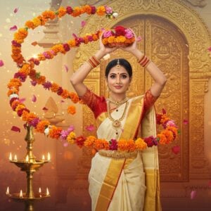 A radiant young Indian woman in a pristine cream silk saree with gold border performing Pushpanjali, her hands gracefully cupped together above her head holding vibrant marigolds, roses, and lotus flowers. The flowers emit a subtle divine glow. Behind her, a large intricately carved golden temple doorway adorned with traditional Madhubani patterns. Floating flowers and flower petals in warm colors (orange, pink, yellow) spiral upwards around her in a magical spiral pattern. Multiple brass deepa lamps with golden flames illuminate the scene from the sides. The background features a soft gradient of dawn colors (peacock blue to saffron), with detailed mandala patterns watermarked in gold. Small sparkles of divine light scatter through the scene. The woman's expression is serene and devotional, wearing traditional gold temple jewelry and a red bindi. The art style combines hyperrealistic digital rendering with traditional Indian art elements, creating a harmonious blend of modern and classical aesthetics. The lighting is warm and ethereal, highlighting the sacred nature of the ritual.