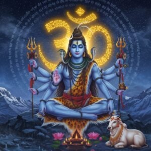 A majestic Lord Shiva in deep meditation, seated in Padmasana on Mount Kailash, eight-armed form, each hand holding significant items - damaru, trishul, rudraksha mala, kamandalu, agni, abhaya mudra, varada mudra, and one hand in dhyana mudra. His form radiates a divine blue aura with intricate Madhubani-style patterns. The background features a large, ethereal Om symbol made of vibrating golden energy. Sacred blue lotuses float around him. Streams of the holy Ganges flow from his matted locks. The scene is illuminated by soft moonlight from the crescent moon in his hair. Multiple translucent layers of mantras in Sanskrit surround him like a protective shield. Snow-capped Himalayan peaks visible in the distance. Nandi sits devotedly at his feet. The color palette includes deep indigos, celestial blues, burning golds, and pure whites. The art style combines hyperrealistic digital rendering with traditional Indian Pattachitra patterns. Mystical smoke with hints of sandalwood incense swirls around the scene, creating a supernatural atmosphere.