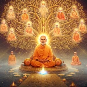 A serene, luminous Indian spiritual master in saffron robes seated in padmasana on a golden lotus platform, radiating divine light in concentric circles. Behind him rises a massive ethereal tree of enlightenment with glowing branches forming intricate mandala patterns. Multiple smaller translucent figures of historic Satgurus like Guru Nanak, Shirdi Sai Baba, and Sri Ramakrishna appear in meditation poses among the tree's branches, each emitting their distinct aura. The foreground features a path made of floating lotus flowers leading to the master, with soft blue light emanating from below. Ornate Madhubani-style patterns in gold and deep maroon frame the scene. The atmosphere is misty with streams of golden light particles. The master's face shows profound peace and wisdom, with a subtle smile and half-closed eyes in meditation. Sacred symbols like Om and geometric yantra patterns float subtly in the background. Art style combines hyperrealistic digital rendering with traditional Indian artistic elements, creating a modern spiritual aesthetic. The lighting is ethereal and dramatic, with golden hour warmth.