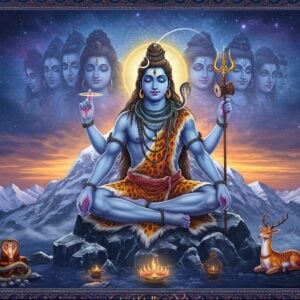 A majestic Lord Shiva in deep meditation, sitting in Padmasana on a crystalline peak of Mount Kailash, eight-armed form holding traditional attributes - trishul, damaru, deer, and akshamala. His form emanates a brilliant blue aura with swirling Vedic mantras visualized as golden light streams. Sacred river Ganga flows from his matted locks. The background features an ethereal landscape with floating mandalas and yantra patterns in deep indigo and gold. Multiple translucent faces of Rudra appear in the cosmic atmosphere, representing the eleven Rudras. The scene is illuminated by a cosmic light source, creating dramatic shadows and highlights. Intricate Madhubani-style patterns adorn the borders, featuring serpents, crescent moon, and Nandi. The overall color palette includes deep blues, cosmic purples, sterling silver, and molten gold, with hints of orange from a distant twilight. The art style merges hyperrealistic digital rendering with traditional Indian artistic elements, creating a serene yet powerful atmosphere.