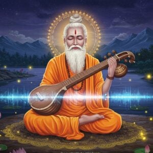 A serene ancient Indian sage with silvery-white flowing beard, dressed in saffron robes, seated in padmasana on a moonlit riverbank surrounded by vibrant Madhubani-style patterns. His eyes are closed in deep meditation, with a divine golden aura emanating from his form. A celestial veena floats in front of him, strings glowing with ethereal blue light, creating visible sound waves that transform into intricate mandala patterns. Sacred Sanskrit mantras manifest as shimmering golden particles around him. The background features a mystical Himalayan landscape with blooming lotus flowers in soft pastel pink and white. Glowing fireflies and subtle light orbs dance around the scene. The art style combines traditional Indian miniature painting elements with modern digital art techniques, featuring rich colors like deep blues, burnished gold, and warm saffron. Photorealistic details in the sage's peaceful expression and the musical instrument, while maintaining a spiritual and otherworldly atmosphere. The overall composition should be symmetrical and balanced, with a central focus on the sage.
