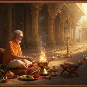 A distinguished elderly Indian Pandit in pristine white dhoti and angavastram, seated cross-legged on an ornate wooden platform, performing a sacred ritual near a grand temple entrance. His forehead adorned with traditional tripundra (three horizontal lines) in sandalwood paste, and a sacred thread across his chest. He's surrounded by ceremonial items - brass kalash with coconut and mango leaves, copper plates with kumkum and turmeric, and intricately arranged flowers. Sacred fire burns in an ornate brass havan kund before him, with smoke forming ethereal patterns. Sanskrit manuscripts rest beside him on a wooden stand. The background features a stunning temple architecture with gold-detailed pillars and carved stone walls. Soft morning sunlight streams through, creating a divine atmosphere with floating particles catching light. Modern LED diyas line the pathway, blending tradition with contemporary elements. The scene is rendered in rich, deep colors of saffron, gold, and maroon, with Madhubani-style decorative patterns in the borders. Hyperrealistic digital art style with magical realism touches, emphasized by a subtle golden glow around the Pandit.
