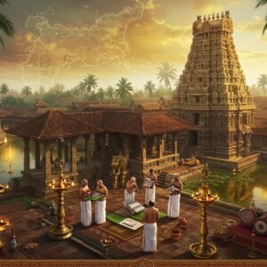 A majestic aerial view of Sri Padmanabhaswamy Temple in Kerala architectural style, with its seven-tier gopuram decorated with intricate gold details and traditional Kerala-style copper roofing, surrounded by temple ponds reflecting golden light. In the foreground, a group of traditionally dressed temple administrators in pristine white mundu and angavastram inspect ancient palm leaf manuscripts. The scene is adorned with traditional Kerala temple elements like brass vilakku (lamps), elephant statues, and ornate wooden pillars with detailed carvings. Soft morning sunlight filters through coconut palms, creating a divine atmosphere with subtle golden rays. The background shows a stylized map of Travancore kingdom in gold filigree work, integrated seamlessly into a mandala pattern. The art style combines hyperrealistic architectural details with Madhubani-inspired decorative elements, featuring a color palette of deep gold, temple white, copper brown, and Kerala green. Ethereal wisps of incense smoke create a mystical ambiance, while traditional Kerala temple percussion instruments are artistically arranged in one corner.