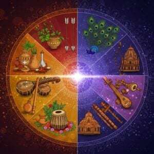 A mystical circular composition divided into four equal segments, each representing an Upaveda. In the Ayurveda quarter, an intricate Madhubani-style illustration of healing herbs, medicinal plants, and a mortar-pestle with golden highlights. The Dhanurveda quarter shows a magnificent ornate bow with sacred arrows decorated with peacock feathers and Sanskrit symbols. The Gandharvaveda section depicts classical Indian instruments - veena, mridangam, and flute - arranged in a mandala pattern with musical notes flowing as golden light streams. The Sthapatyaveda quarter features sacred geometry, temple architecture elements, and yantra patterns in deep indigo and gold. The four segments are connected by a central Om symbol radiating ethereal light in soft pastels. The entire composition is framed by an ornate border featuring lotus motifs and intricate Pattachitra-style patterns. The background has a subtle gradient from deep navy to celestial purple, with small floating light particles. Digital art style merging traditional Indian art with modern minimalist aesthetic, featuring rich jewel tones of saffron, maroon, gold, and peacock blue.