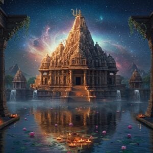A majestic Shiva temple emerging from sacred waters, its towering gopuram reaching towards a cosmic sky filled with swirling galaxies and ethereal auroras in deep blues and purples. The temple architecture showcases intricate South Indian Dravidian style with multiple tiers adorned with detailed sculptures of deities and celestial beings. Lord Shiva's iconic Trishul, crafted in gleaming gold, stands prominently at the temple's peak. The temple's reflection in the still water creates a perfect mirror image, with floating lotus flowers and diyas surrounding it. Mystical light streams through the temple's corridors, highlighting the ancient stone carvings and mandala patterns. The scene incorporates elements of traditional Khajuraho temple architecture with modern digital art aesthetics, featuring a blend of realistic textures and surreal lighting. Small waterfalls cascade down the temple's sides, with traces of silver mist adding to the ethereal atmosphere. The color palette includes deep indigos, burnished golds, warm oranges, and subtle touches of turquoise. The entire composition is framed by ornate stone pillars with intricate geometric patterns and flowering vines.