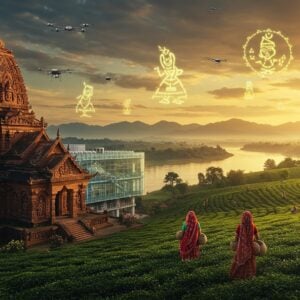 An ethereal panoramic view of Upper Assam's landscape at golden hour, featuring a majestic Ahom-era temple with intricate carvings in the foreground, its traditional architecture detailed in gold and deep maroon. A modern glass-and-steel tea research facility seamlessly blends with the ancient architecture. The scene showcases rolling tea gardens extending to the horizon, with the mighty Brahmaputra River flowing like a silver ribbon. Traditional Assamese women in mekhela chadors with intricate geometric patterns work in the tea gardens, their garments flowing gracefully. The sky features a dramatic mix of contemporary drone lights forming traditional Assamese motifs alongside ancient Ahom symbols. The scene is illuminated by both natural sunset light and modern LED installations, creating a harmonious blend of past and future. The color palette combines deep greens of tea gardens, gold of sunset, rich blues of the river, and subtle modern metallic highlights. In the background, the snow-capped Himalayas are visible, their peaks touched by dramatic rays of sunlight. The entire scene is rendered in a style merging traditional Assamese art with modern digital aesthetics, featuring both photorealistic elements and stylized patterns typical of traditional Assamese textiles.