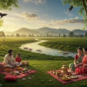 A serene panoramic view of an Upper Assamese landscape during golden hour, featuring a crystal-clear river meandering through lush tea gardens, with the majestic Eastern Himalayas in the background. In the foreground, a beautifully arranged traditional Assamese picnic scene with handwoven red and white Gamochas spread on fresh grass, brass utensils containing traditional Assamese dishes, and a traditional copper kettle. Young Indian couples and families in modern casual wear with subtle traditional elements like mekhela chador are enjoying the picnic. Bamboo groves frame the scene, while exotic birds like hornbills soar overhead. The scene includes wild orchids, water lilies in small ponds, and floating paper boats. The lighting is warm and inviting, with sun rays filtering through clouds creating a magical atmosphere. The art style combines hyperrealism with ethereal elements, featuring rich colors like deep greens, warm golds, and serene blues. Intricate Assamese motifs and patterns subtly blend into the natural elements, creating a modern yet culturally rich composition.