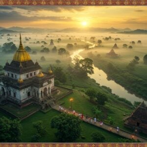 A mystical aerial view of Upper Assam's lush green landscape at dawn, featuring ancient temples emerging from morning mist. In the foreground, a majestic Ahom-style temple with intricate gold-plated dome and traditional Assamese architectural elements. The temple is surrounded by towering betel nut trees and tea gardens stretching to the horizon. A winding sacred river flows beside, reflecting golden sunrise. Several smaller shrines dot the landscape, connected by stone pathways lined with oil lamps. The scene includes detailed Madhubani-style border patterns featuring traditional Assamese motifs like jaapi (traditional hat) and gamosa patterns. Soft rays of sunlight pierce through morning clouds, creating divine light beams. Small groups of pilgrims in traditional Assamese attire walking towards the temples. The color palette features deep greens, rich golds, terracotta reds, and misty blues. Incorporates elements of both photorealism and traditional Indian art styles, with intricate details in the architecture and nature elements. The atmosphere is serene and mystical, with hints of incense smoke rising from the temples.