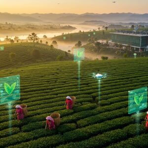 An aerial view of a vast, undulating tea garden in Upper Assam during golden hour sunrise, with morning mist floating between perfectly manicured rows of emerald green tea bushes. In the foreground, three Indian tea pluckers in traditional Mekhela Chadors (in vibrant red and white patterns) delicately picking tea leaves, their baskets adorned with intricate Assamese motifs. The background features a modern glass and wood tea factory with solar panels, seamlessly blending with the natural landscape. The Brahmaputra River winds like a silver ribbon in the distance, with the blue Himalayas on the horizon. Floating digital holograms of tea leaves and temperature sensors hover above some bushes, suggesting modern agricultural technology. The scene is enhanced with morning dew drops glistening like diamonds on the tea leaves, creating a magical atmosphere. The art style combines hyperrealistic photography with ethereal digital elements, featuring rich greens, golden sunlight, and morning blues. Small autonomous drones monitoring the crop conditions add a futuristic touch while maintaining the traditional essence of tea cultivation. The lighting is warm and directional, creating long shadows and highlighting the morning mist.