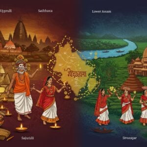 A split-screen composition with a magnificent contrast: On the left, Upper Assam showcasing majestic Majuli island with Vaishnavite monks in traditional white attire performing Sattriya dance, surrounded by bamboo and brass crafts, golden muga silk textures, and floating oil lamps. The background features the iconic Kamakhya Temple silhouette. On the right, Lower Assam depicts graceful Bihu dancers in mekhela chador (red and white), with intricate jaapi hats, amidst lush tea gardens and terracotta temples of Sivasagar. The center features a stylized map of Brahmaputra river in gleaming gold, connecting both regions. Modern elements include sleek high-rises of Guwahati, solar panels on traditional houses, and people using smartphones while wearing traditional attire. The scene is rendered in rich, deep colors like maroon, peacock blue, and gold, with intricate Madhubani-style patterns in the background. Ethereal lighting casts a warm glow, while traditional motifs like gamosa patterns and bell metal craft designs frame the composition. The art style merges traditional Indian art forms with modern digital aesthetics, creating a harmonious blend of past and present.