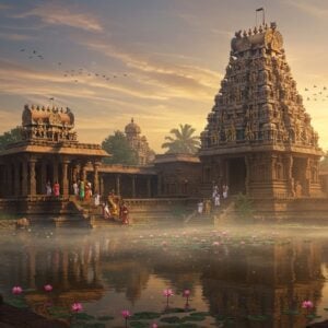 A majestic ancient South Indian temple complex emerging from morning mist, featuring traditional Dravidian architecture with intricate gopurams adorned with detailed sculptures in gold and terracotta colors. The temple's main tower rises prominently, decorated with detailed carvings of Lord Krishna's various lilas. In the foreground, a serene temple pond reflects the structure like a mirror, with blooming pink lotus flowers dotting its surface. The scene is illuminated by warm, golden sunrise light creating dramatic shadows and highlights on the temple's stone work. Small groups of devotees in traditional Tamil attire are seen climbing the temple steps. The surrounding area features ancient stone mandapams with detailed pillars, banyan trees with aerial roots, and peacocks walking in the courtyard. The art style combines hyperrealistic architectural details with ethereal lighting and mystical elements, including subtle golden particles floating in the air and soft glowing halos around the temple spires. The color palette focuses on deep maroons, warm golds, earthen browns, and spiritual blues, creating a harmonious blend of historical grandeur and divine presence.