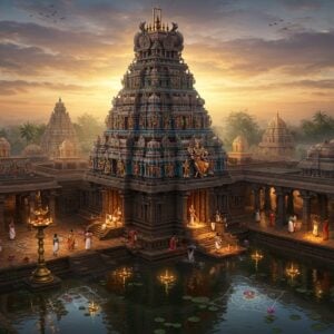 A majestic aerial view of Uthamar Kovil temple complex at sunset, with its distinctive pyramidal vimana tower adorned with intricate Dravidian architecture and golden kalasam gleaming in warm light. Lord Purushottama (Vishnu) in center, depicted with four arms holding sankha, chakra, lotus, and gada, reclining on Adisesha with Sridevi and Bhudevi at his feet. The temple's stone walls feature detailed Madhubani-style carvings of mythological scenes in rich colors of deep maroon, navy blue, and burnished gold. Ethereal rays of light filter through ornate pillared halls, creating dramatic shadows. The foreground shows a reflective temple tank with floating lotus flowers, their petals illuminated by traditional brass oil lamps. Devotees in traditional Tamil attire circumambulating the temple. Surrounding landscape includes sacred trees with glowing aura, mystical smoke from ritual fires, and intricate kolam patterns on the ground. Art style combines hyperrealistic architectural details with ethereal lighting and surreal spiritual elements, rendered in a modern digital aesthetic with rich textures and depth.