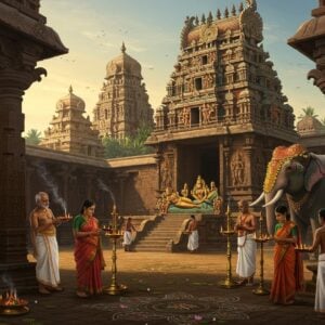A majestic ancient South Indian temple complex in Madhubani art style, featuring intricate stone carvings and towering gopurams with traditional gold-plated kalasams. The main entrance shows detailed sculptures of Ranganatha in reclining position on Adisesha. In the foreground, a group of local Tamil devotees in traditional attire (men in white veshtis and women in silk sarees) perform traditional rituals with brass lamps and flower garlands. The scene is illuminated by warm golden morning sunlight casting long shadows across the temple courtyard. Sacred temple pond with lotus flowers reflects the architectural grandeur. Temple elephants decorated with traditional ornaments stand near ornate pillars. Intricate kolam patterns adorn the temple floor. The artwork combines realistic architectural details with ethereal elements like subtle divine light emanating from the sanctum, floating flower petals, and wispy incense smoke forming mystical patterns. Color palette focuses on deep maroons, burnished golds, and rich earth tones with pops of marigold orange and emerald green. Photorealistic rendering with attention to historical accuracy in architecture and customs, enhanced with magical realism elements.