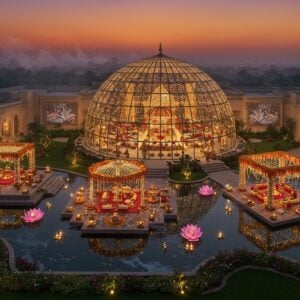 A grand aerial view of a luxurious modern Indian wedding venue at dusk, featuring a stunning glass-domed structure with intricate Madhubani-style patterns etched on the glass. The venue is illuminated with thousands of warm golden lights and traditional brass diyas, creating a magical glow. Multiple interconnected courtyards showcase different event setups - one with crystal mandap adorned with marigold and lotus flowers, another with elegant round tables for corporate events, and a third with traditional floor seating arrangements with brass thalis. Floating lotus lanterns in a reflective pool create mirror-like symmetry. The landscape includes contemporary water features with traditional step-well inspired geometry, surrounded by manicured gardens with native Indian flowers. Modern LED screens seamlessly blend with traditional jaali work patterns. The scene is captured from a 45-degree angle, with soft twilight colors - deep purples, burnt orange, and warm gold dominating the sky. Ethereal smoke from incense creates a mystical atmosphere, while subtle lighting highlights the venue's architectural features. Art style combines hyperrealistic digital rendering with traditional Indian artistic elements, featuring rich jewel tones and intricate details.