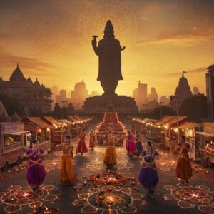 A bustling Indian cityscape at dusk with the iconic Adiyogi statue silhouetted against a warm orange-gold sky, surrounded by ethereal mandala patterns floating in the air. In the foreground, a vibrant festival scene unfolds with dancers in traditional Bharatanatyam poses wearing silk costumes in deep magentas and peacock blues. Traditional kolam patterns made with LED lights illuminate the ground, creating intricate geometric patterns. Modern glass buildings blend seamlessly with ancient temple architecture, their surfaces reflecting the festival lights. Streams of marigold flowers and floating diyas create graceful arcs across the scene. Street food vendors with modern food trucks decorated in Madhubani art patterns serve traditional dishes. Young Indian couples in contemporary fusion wear (men in modern kurtas, women in designer half-sarees) explore the festival. The scene is illuminated by a mix of traditional brass temple lamps and modern light installations, creating a magical atmosphere. The style combines hyperrealistic digital art with traditional Pattachitra patterns in the sky, while maintaining rich, deep colors like saffron, gold, and deep purple. Drone-like viewpoint, cinematic composition, atmospheric lighting, soft bokeh effects in background.