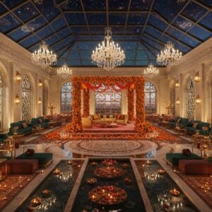 A grand, opulent Indian wedding hall illuminated by thousands of floating diyas and crystal chandeliers, with soaring contemporary glass ceilings revealing a starlit sky. The space seamlessly blends traditional elements like intricate mandala patterns on marble floors with modern architectural features. In the foreground, a stunning mandap adorned with fresh marigolds and roses in gradient colors from deep orange to soft pink creates a focal point. Multiple seating areas feature plush cushions in rich jewel tones (emerald, sapphire, and ruby) arranged around low tables with brass accents. Ethereal light streams through massive arched windows with contemporary geometric jaali work. The walls showcase a combination of LED mood lighting and traditional brass wall sconces. An elegant water feature with lotus flowers adds movement, while subtle smoke effects create an atmospheric haze. The scene is captured in a cinematic wide-angle perspective, with sophisticated depth of field and golden hour lighting. Art style combines hyperrealistic 3D rendering with traditional Indian artistic elements, featuring rich textures and metallic accents throughout.