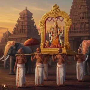 A grand procession scene featuring an intricately carved golden Utsava Murthy of Lord Vishnu being carried on an ornate silver palanquin decorated with traditional Indian motifs and glowing diyas. The Murthy radiates divine light in shades of saffron and gold. Four traditionally dressed priests in white dhotis and angavastrams carry the palanquin, surrounded by devotees holding decorative parasols and peacock feather fans. The background shows a magnificent South Indian temple gopuram with detailed Dravidian architecture illuminated by the warm light of sunset. Temple elephants adorned with ceremonial accessories walk alongside, wearing decorative headpieces with bells. The scene includes floating lotus petals, trails of sacred smoke from copper incense holders, and multiple levels of lit brass temple lamps. The art style combines hyperrealistic details with ethereal lighting effects, incorporating Madhubani-inspired patterns in the borders and Pattachitra-style decorative elements. The overall composition creates a mystical atmosphere with soft glowing halos and scattered divine sparkles in the air.