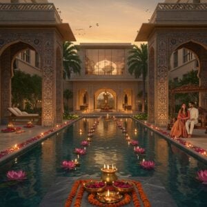 A luxurious modern Indian resort nestled in lush greenery, featuring a grand entrance with traditional Rajasthani-style archways adorned with intricate Madhubani patterns in gold and peacock blue. A serene infinity pool reflects the warm sunset sky, with floating lotus flowers and illuminated diyas. Traditional brass urlis filled with marigolds and rose petals line the marble pathways. In the foreground, a beautiful Indian couple in contemporary resort wear (him in crisp white linen, her in an elegant fusion dress) relaxing on a carved wooden swing decorated with Pattachitra-style motifs. The backdrop showcases modern glass-and-stone architecture seamlessly blending with classical Indian design elements, highlighted by soft golden lighting. Mandala-inspired garden patterns visible from above, with peaceful water features and meditation spaces. The scene is captured in a dreamy, ethereal style with rich, deep colors and subtle golden highlights, creating an atmosphere of sophisticated luxury and cultural authenticity. The lighting is warm and inviting, with lanterns casting a gentle glow across the scene. Hyperrealistic digital art style with attention to intricate details and textures.