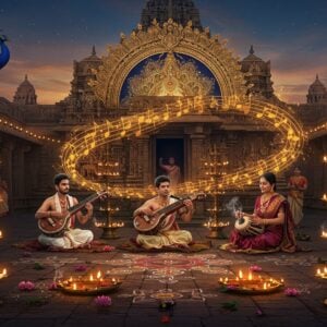 A grand Indian temple courtyard at dusk with ornate Dravidian architecture, illuminated by hundreds of traditional brass oil lamps and string lights. In the center, three Carnatic musicians perform - one playing a wooden veena adorned with intricate carvings, another on a mridangam decorated with temple motifs, and a vocalist in a rich maroon silk saree with gold border. Behind them, a large mandala-inspired backdrop in gold and deep peacock blue features traditional South Indian musical notation symbols. The scene is enhanced by floating lotus flowers, swirling musical notes transformed into ethereal golden light patterns, and delicate smoke from incense. Traditional kolam patterns in white and red adorn the temple floor. The lighting creates a magical atmosphere with warm amber tones mixing with cool moonlight. The style combines hyperrealistic digital art with traditional Tanjore painting elements, featuring rich colors like deep crimson, royal blue, and burnished gold. Dancing devotees in traditional festival attire create movement in the background, while peacocks with spread feathers frame the scene on both sides.