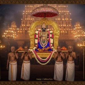 A majestic Hindu temple procession at twilight, featuring an intricately carved golden Utsava Vigraham of Lord Krishna (4 feet tall) being carried on an ornate silver palanquin adorned with fresh jasmine garlands and deepa lamps. The deity wears traditional silk vastram in peacock blue and gold, decorated with precious gemstones and a grand crown. Four temple priests in traditional white dhotis and angavastram carry the palanquin, while devotees hold ceremonial parasols and peacock feather fans. The background shows a grand South Indian temple gopuram illuminated with hundreds of oil lamps. Mystical smoke from camphor and incense creates an ethereal atmosphere, with soft golden light filtering through. The scene includes detailed Madhubani-style border patterns featuring lotus motifs and peacocks. The overall composition has a dreamy, divine quality with warm golden highlights and deep jewel tones. Elements of traditional temple architecture are visible but softened with modern digital art techniques, creating a serene and spiritual atmosphere. --ar 16:9 --v 5