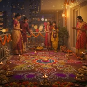 A vibrant street scene depicting the fusion of traditional and modern Indian festival celebrations, featuring young Indian families in contemporary ethnic wear (kurtas paired with jeans) alongside elders in traditional attire. The foreground shows a beautifully decorated modern apartment balcony with traditional marigold garlands and LED string lights intertwined. A large, ornate rangoli pattern combines traditional peacock motifs with modern geometric designs, created using both colored powder and illuminated elements. The scene includes floating diyas on one side, transitioning into modern decorative lamps on the other. Soft bokeh lights in the background create a magical atmosphere. The color palette features deep festive colors (royal purple, crimson red, marigold yellow) blending with modern metallic tones. The overall composition follows Madhubani art style patterns in the borders while maintaining a contemporary digital art aesthetic. The lighting creates a warm, golden glow with subtle lens flares highlighting key elements. The scene includes small details like smartphones capturing moments, traditional sweets displayed on modern serveware, and contemporary interpretations of traditional decorative elements.
