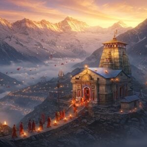 A majestic aerial view of the snow-capped Himalayas at sunrise, with the sacred Kedarnath temple nestled among the peaks, its ancient stone architecture detailed with intricate carvings. The temple is surrounded by a ethereal golden aura, with floating lotus petals and light orbs. In the foreground, a group of traditionally dressed Indian pilgrims walking on a winding mountain path decorated with prayer flags and marigold garlands. The scene features multiple layers: misty valleys below, illuminated by countless diyas floating in the air, creating a mystical atmosphere. Traditional Mandala patterns appear in the clouds, while the first rays of sun create a divine spotlight on the temple. Digital art style merging hyperrealistic architectural details with ethereal lighting effects. The color palette includes deep saffron, pristine whites, spiritual gold, and peaceful blue tones. Small details include floating incense smoke, bells, and himalayan flowers in bloom. A large decorative Trishul (trident) stands prominently near the temple, emanating a subtle divine glow.