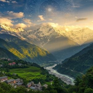 A majestic panoramic view of the Himalayas in Uttarakhand, with snow-capped peaks piercing through golden-hour clouds, rendered in a blend of traditional Pahari art style and modern digital aesthetics. In the foreground, the sacred Ganges River flows through deep valleys, its waters rendered in shimmering turquoise and white. The scene features terraced fields in emerald green, dotted with traditional Garhwali houses with slate roofs. Sacred temples with intricate architectural details perch on hilltops, their spires catching the sunlight. The composition includes rich biodiversity with blooming rhododendrons in deep red, towering deodars in deep green, and Himalayan wildlife like snow leopards and musk deer subtly integrated into the landscape. The scene is enhanced with ethereal glowing elements, incorporating mandala-like patterns in the sky that mirror the topographical layers of the mountains. The lighting creates a dramatic interplay of light and shadow, with rays of sunlight breaking through clouds, illuminating the valley below. The art style combines hyperrealistic natural elements with mystical, spiritual overtones, featuring a color palette of deep blues, snow whites, forest greens, and golden sunlight, all rendered with photorealistic detail but maintaining a surreal, dreamlike quality.