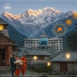 A serene panoramic view of snow-capped Himalayan peaks in Uttarakhand, with traditional Pahadi houses with slate roofs in the foreground, rendered in rich, deep colors. A young Indian family (father, mother, child) in modern clothing examining detailed land documents near an ancient carved wooden temple doorway. The scene is overlaid with intricate Aipan art patterns in white and red, forming a decorative border. Golden light filters through sacred Deodar trees, casting meaningful shadows. In the middle ground, a modern government building with glass facades reflects the mountains. Floating mandala patterns in saffron and deep blue contain symbolic elements of Uttarakhand - the state flower Brahma Kamal, a stylized outline of Kedarnath temple, and traditional Pahari architectural motifs. The artwork combines photorealistic architecture with ethereal, spiritual elements, featuring a color palette of deep mountain blues, earthy browns, snow white, and ceremonial saffron. Soft glowing orbs of light illuminate key elements, creating a magical yet official atmosphere. The style merges traditional Pahari miniature painting techniques with contemporary digital art aesthetics.
