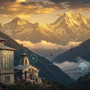 A majestic panoramic view of the Himalayas in Uttarakhand, with snow-capped peaks glowing in golden sunrise light. In the foreground, a modern glass-and-stone weather station embedded with traditional Pahadi architecture patterns. Swirling clouds in shades of saffron and deep blue create dynamic patterns in the sky. A detailed miniature representation of Kedarnath temple sits on one side, while the other side shows the iconic Rishikesh suspension bridge with floating digital holograms displaying weather symbols. The scene is dotted with blooming Brahma Kamal flowers in their natural habitat. Modern cable cars traverse between mountains in the background. The composition includes elements of both traditional Pahadi art and contemporary digital aesthetics, with rich colors of deep maroon, mountain blue, and gold. Ethereal light rays pierce through clouds, creating a mystical atmosphere. Small groups of trekkers with modern gear visible on mountain trails. The entire scene is rendered in a style combining hyperrealistic digital art with traditional Indian Pahadi folk art patterns, emphasizing both the region's heritage and its modern development.
