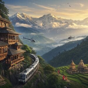 An ethereal panoramic view of snow-capped Himalayan peaks at sunrise, with a luxury mountain resort seamlessly integrated into the cliff face using traditional Pahadi architecture. The resort features wooden balconies adorned with prayer flags and brass bells. In the foreground, a modern electric mountain train winds through a lush valley, its sleek design contrasting with ancient temples and terraced fields. A helicopter hovers near the peaks, while traditional pahadi women in colorful local attire walk along a well-maintained trekking path. The scene is illuminated by golden morning light creating a mystical atmosphere with wispy clouds. Art style combines hyperrealistic digital painting with traditional Madhubani patterns in the sky and clouds. The color palette features deep blues of the mountains, warm golds of sunrise, emerald greens of the valley, and accents of traditional Uttarakhandi colors - maroon and saffron. The image should have depth, showing multiple layers of mountains fading into the distance with a dreamy, atmospheric perspective.