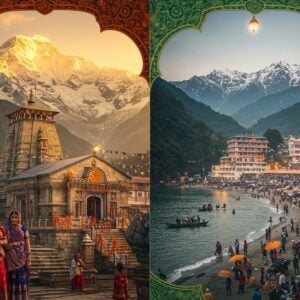 A stunning split-screen composition showing two contrasting scenes: On the left, majestic snow-capped Himalayan peaks of Uttarakhand with the sacred Kedarnath temple nestled among them, illuminated by golden sunrise rays. Traditional Garhwali women in colorful phulkari shawls and silver jewelry stand in the foreground. Ancient stone steps lead to the temple, decorated with marigold garlands. On the right, a generic crowded beach destination with modern resorts. The Uttarakhand side features mystical elements like floating diyas on the Ganges, prayer flags fluttering in the wind, and ethereal mist. Art style combines hyperrealistic digital rendering with traditional Pahari miniature painting techniques. The lighting creates a dramatic effect with warm golden hues on the Uttarakhand side versus cool tones on the other. Intricate mandala patterns frame the entire composition, with lotus motifs and sacred geometry elements woven throughout. The scene evokes deep spirituality and natural grandeur through rich jewel tones of deep blue, saffron, and emerald green.