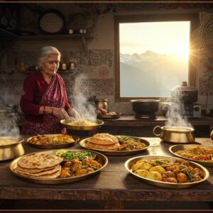 A rustic mountain kitchen scene in Uttarakhand with a weathered wooden table laden with traditional Pahadi dishes, including steaming plates of Bhatt ki Churkani, Kafuli, and Mandua ki Roti arranged in traditional bronze thalis. In the foreground, an elderly Indian woman in a traditional Garhwali pichora (maroon and white) adds finishing touches to Aloo ke Gutke. The background features a large window revealing snow-capped Himalayan peaks bathed in golden sunrise light. Modern stainless steel appliances blend seamlessly with traditional brass cookware. Intricate Aipan art patterns in red and white decorate the walls, with floating mandala patterns incorporating local herbs and spices. The scene is lit with warm, directional lighting creating steam effects rising from the dishes. Style combines hyperrealistic food photography with ethereal Indian traditional art elements, featuring rich colors like deep maroon, forest green, and burnished gold. Floating lotus motifs and subtle spiritual symbols are integrated into the composition. The atmosphere is modern yet deeply rooted in tradition.