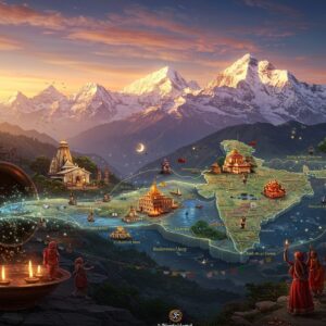A majestic panoramic view of the Uttarakhand Himalayas with snow-capped peaks stretching across the horizon, rendered in rich digital art style with traditional Pahadi patterns. In the foreground, a detailed topographical map emerges from an ancient copper vessel, flowing like a magical 3D hologram showing distinct districts. The map features miniature iconic landmarks - the Kedarnath temple glowing in golden light, Nainital lake reflecting moonlight, the sacred Ganges at Rishikesh with floating diyas, and the Valley of Flowers in full bloom. Traditional Kumaoni and Garhwali architectural elements frame the scene like an ornate border. Warm saffron and deep blue gradient in the sky, with wispy clouds forming natural boundaries between regions. Small groups of locals in traditional Pahadi attire appear as intricate silhouettes performing folk dances. Prayer flags flutter in the wind, creating a connection between earth and sky. The entire scene is illuminated by an ethereal combination of sunrise colors and floating spiritual symbols, rendered in a style merging photorealism with Madhubani art techniques. hyper-detailed, cinematic lighting, 8k resolution.