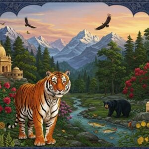 A majestic Bengal tiger stands alert in the foreground of a lush Himalayan landscape, its orange fur detailed with intricate Madhubani-style patterns in deep gold. The scene captures the diverse ecosystems of Uttarakhand, transitioning from snow-capped peaks to dense forest valleys. In the mid-ground, a pair of Himalayan black bears forage among blooming rhododendrons in vibrant crimson. The foreground features detailed medicinal herbs like Brahmi and Sarpagandha in Pattachitra art style. Flying overhead, a pair of endangered Himalayan vultures soar against a ethereal sunset sky in soft pastel oranges and blues. The scene includes a crystal-clear mountain stream with golden mahseer fish visible beneath the surface. Various butterflies and moths hover around flowering Buransh trees. The entire composition is framed by traditional Indian architectural elements and mandala patterns in deep peacock blue and gold. The lighting creates a surreal glow, particularly highlighting the tiger's face and the snow peaks. The art style combines hyperrealistic wildlife details with traditional Indian art patterns, creating a mystical yet authentic representation of Uttarakhand's biodiversity.