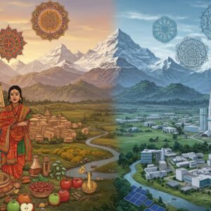 A panoramic view of Uttarakhand's landscape seamlessly blending tradition with modernity - snow-capped Himalayan peaks in the background with modern glass-and-steel IT parks nestled in the foothills. In the foreground, a young Indian professional woman in contemporary business attire with a traditional Pahari shawl stands confidently. The scene splits into distinct sectors: on the left, traditional handicraft artisans working with copper and wool in Madhubani art style; on the right, modern pharmaceutical labs and tech startups rendered in sleek digital aesthetics. Floating ethereal mandalas in deep saffron and peacock blue contain symbols of industry - pharmaceutical molecules, computer chips, and tourism icons. The lighting creates a gradient from morning sunlight on the mountains to modern city lights below. Small details include apples and aromatic herbs representing agriculture, yoga retreats showing wellness tourism, and solar panels depicting sustainable development. The color palette combines earthen traditional tones with modern metallic blues and silvers. The style merges Pattachitra's intricate detailing with contemporary digital art, creating a harmonious vision of development. The overall composition flows like a river from mountains to plains, symbolizing progress.